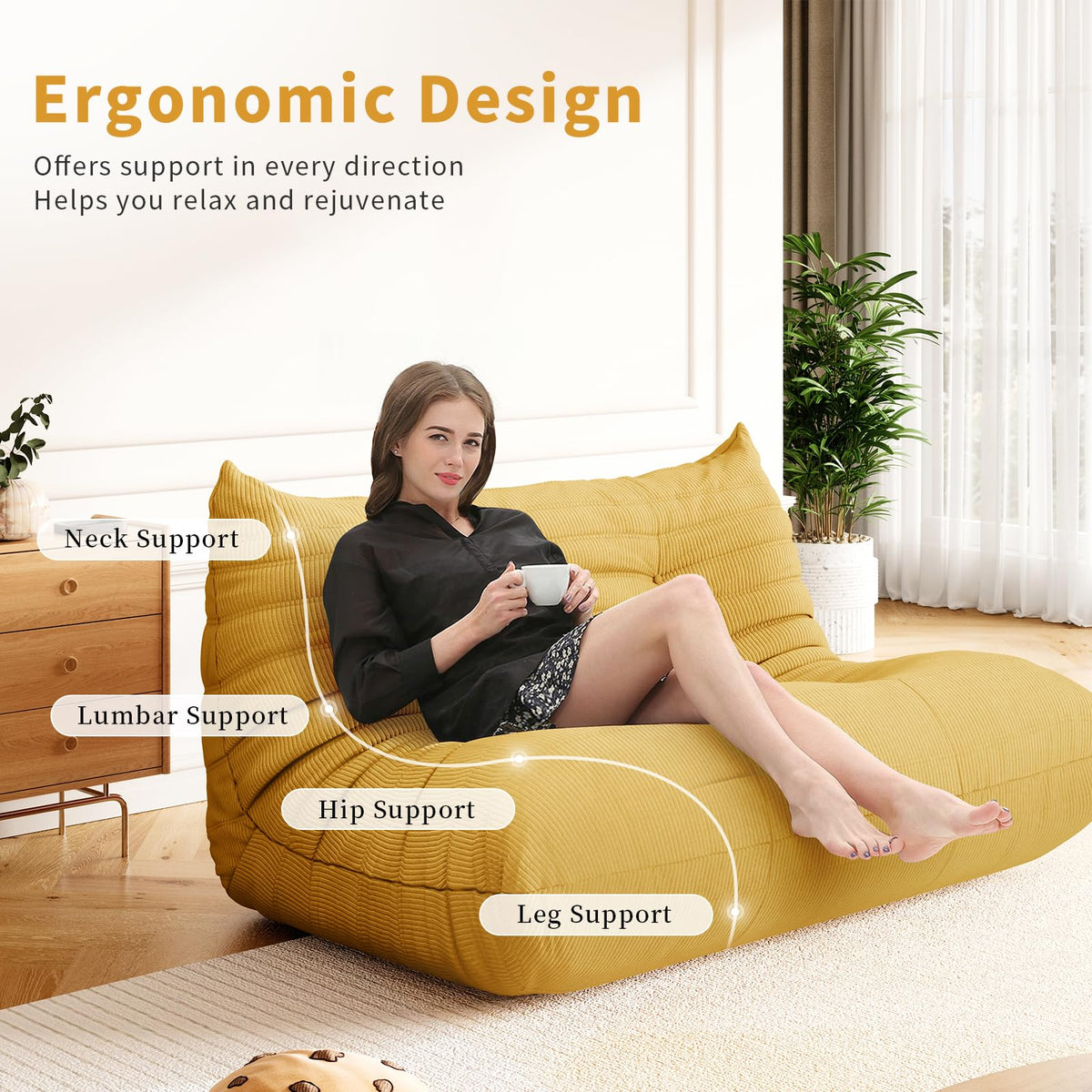 Yellow Corduroy Memory Foam Bean Bag Chair F680678