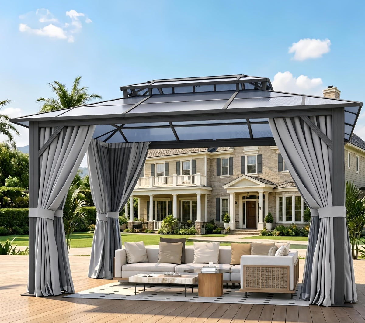 10'x12' Hardtop Aluminum Gazebo with Polycarbonate Roof, Curtains and Netting Z20029