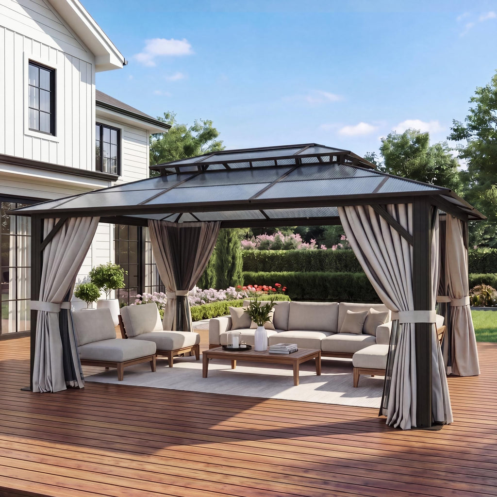 10'x12' Hardtop Aluminum Gazebo with Polycarbonate Roof, Curtains and Netting Z20029