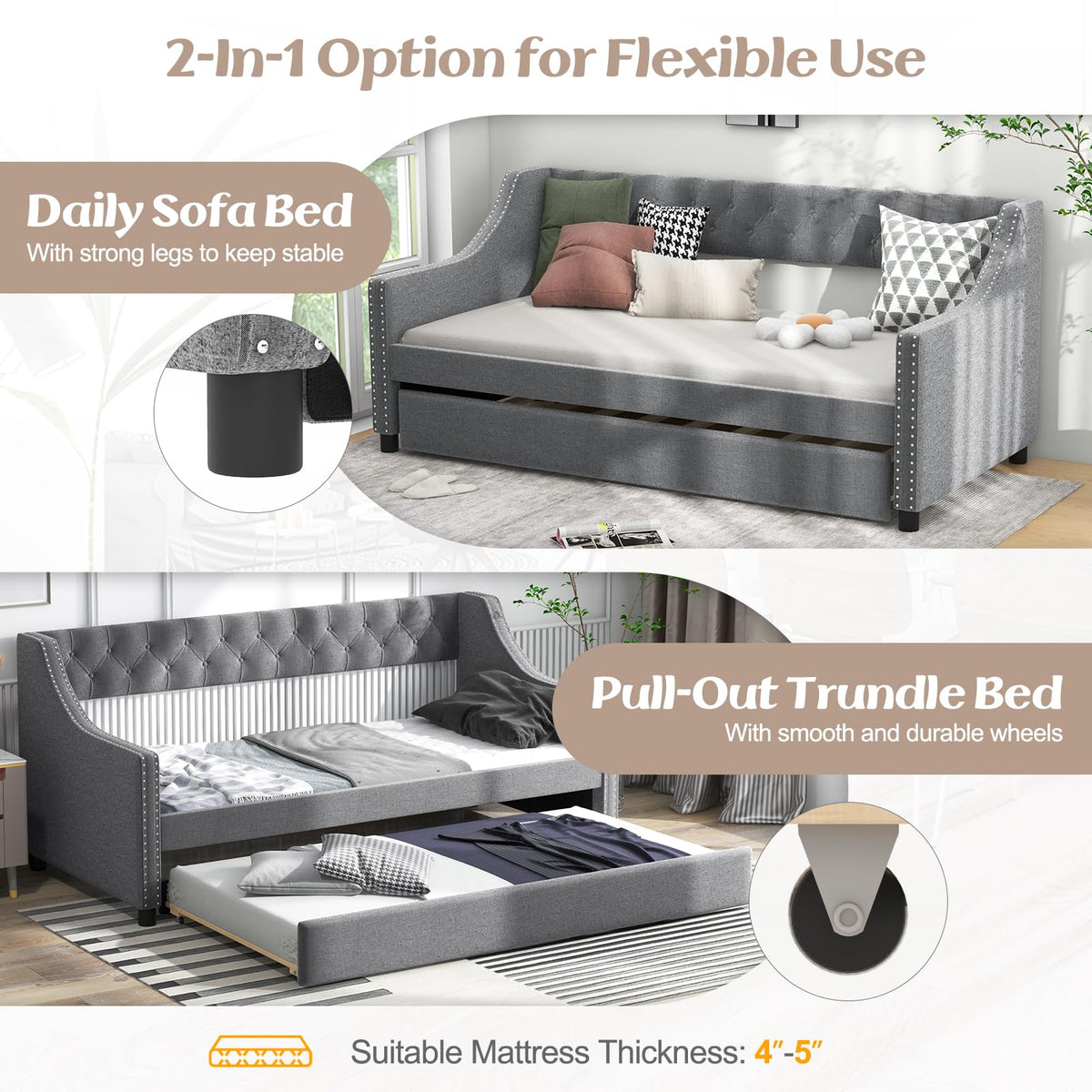 Upholstered Twin Daybed with Trundle Grey X908145