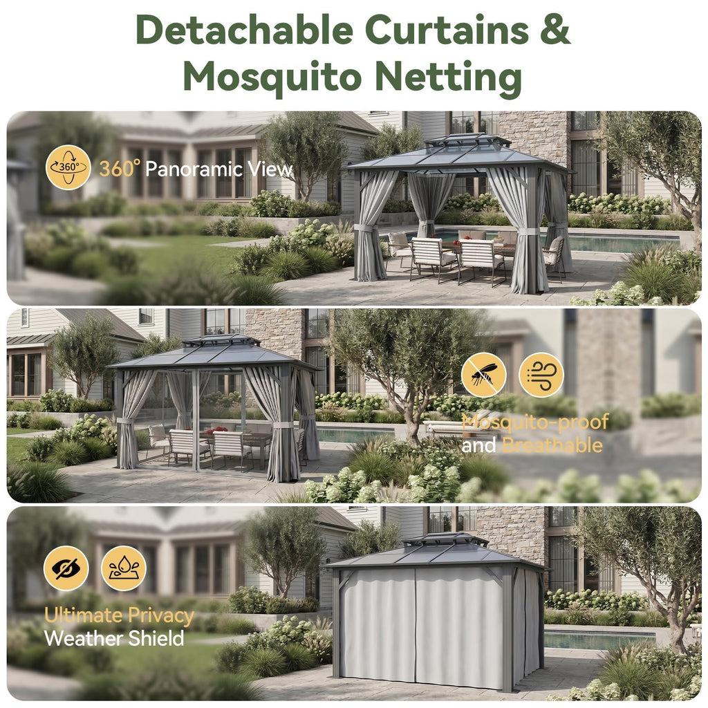 10'x12' Hardtop Aluminum Gazebo with Polycarbonate Roof, Curtains and Netting Z20029