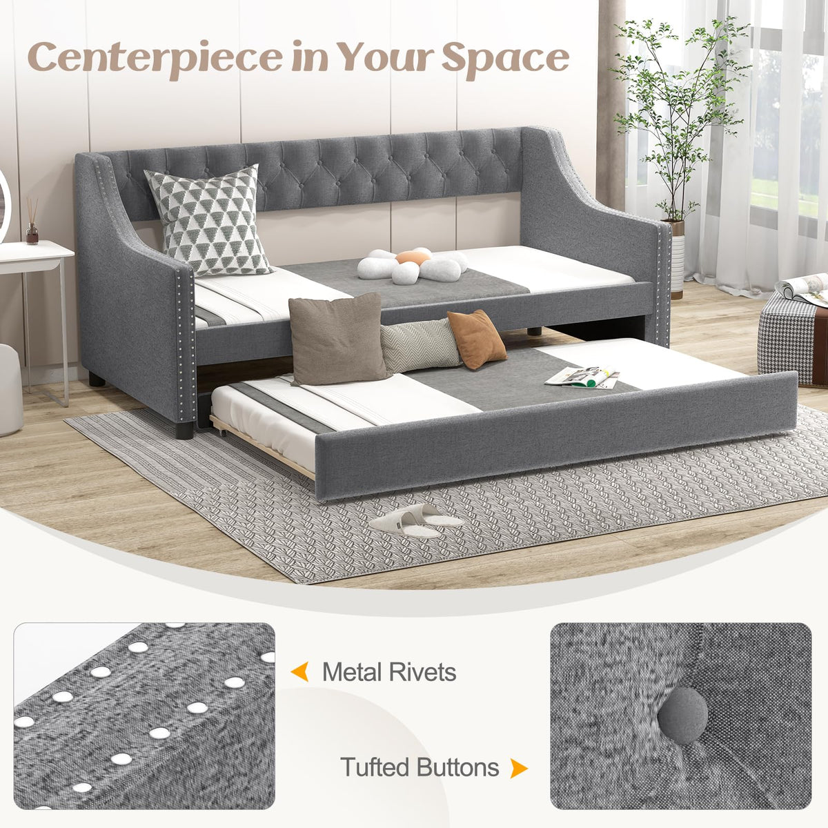 Upholstered Twin Daybed with Trundle Grey X908145