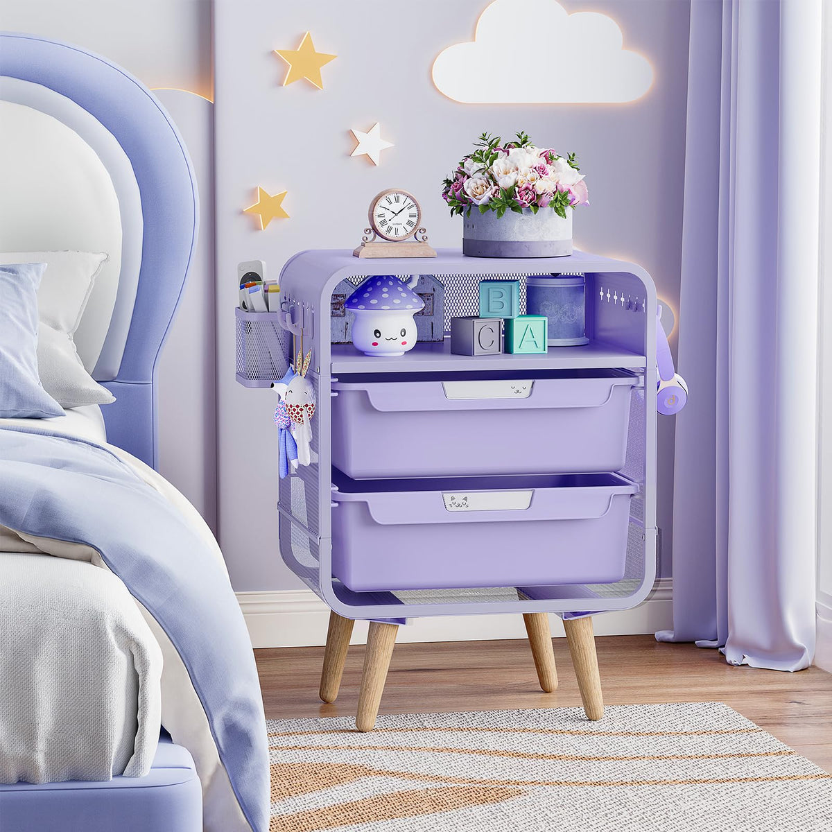 Kids Nightstand, Girls Bedside Table, Night Side Table, Purple S1088