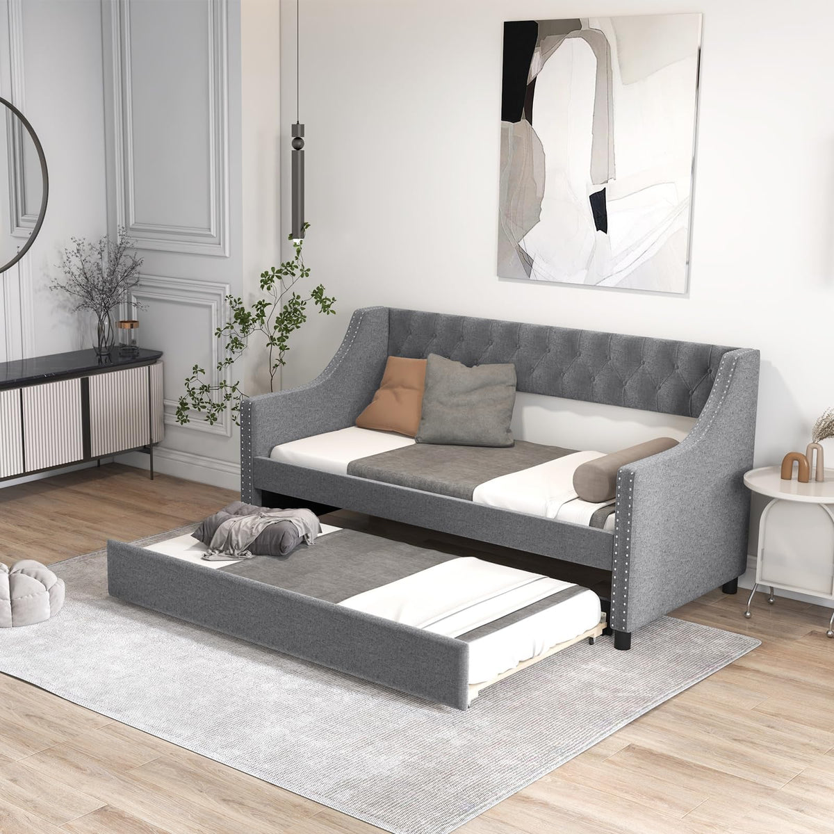 Upholstered Twin Daybed with Trundle Grey X908145
