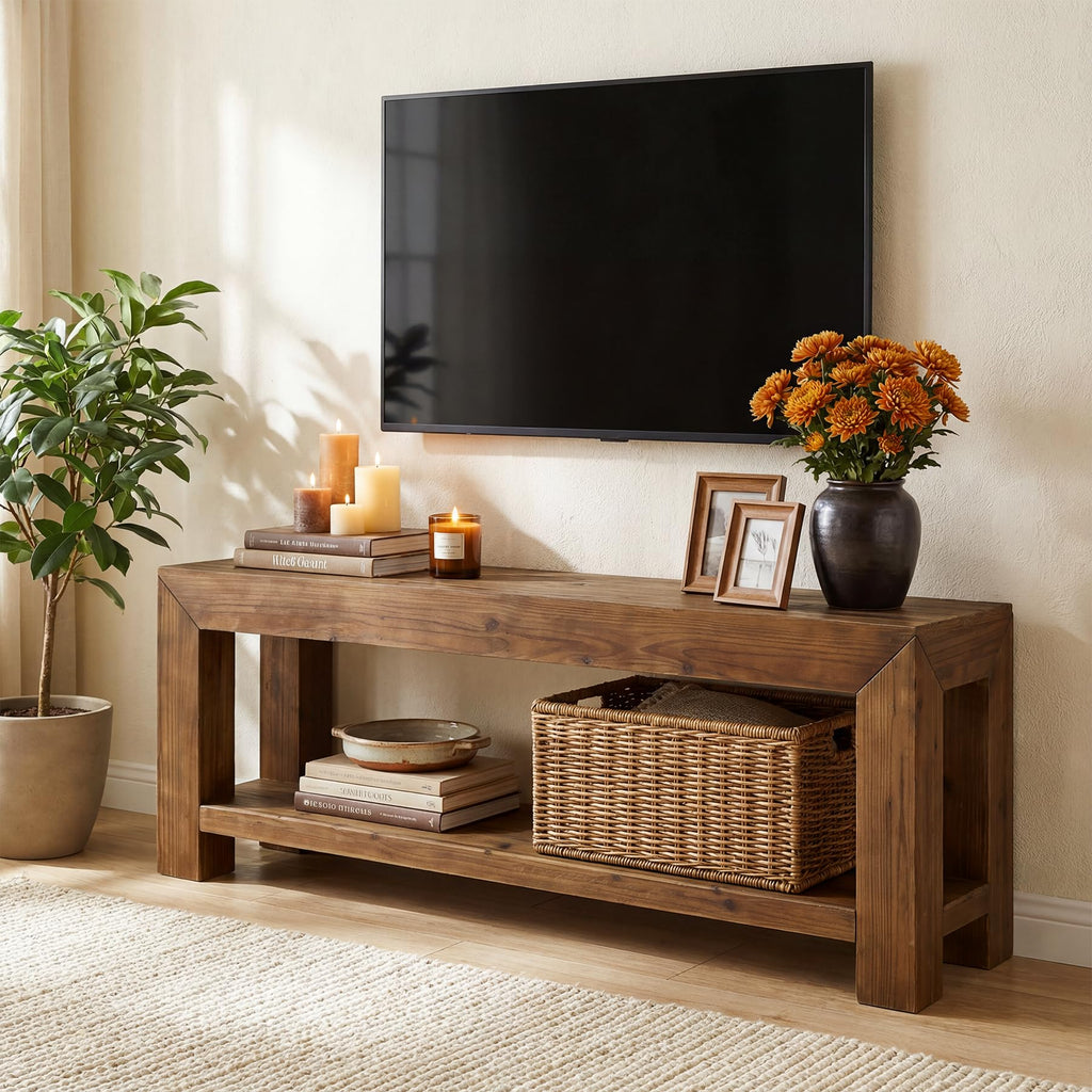 Solid Wood 63" TV Stand with Open Storage Shelves U306157