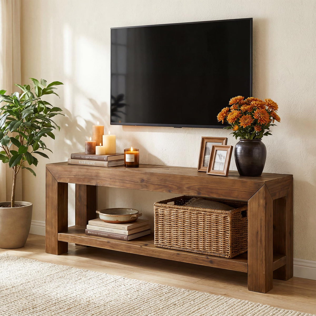 Solid Wood 63" TV Stand with Open Storage Shelves U306157