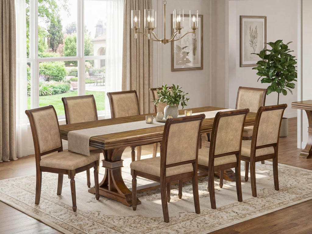 9 Piece Dining Table Set with 8 Beige Polyester Chairs C847951