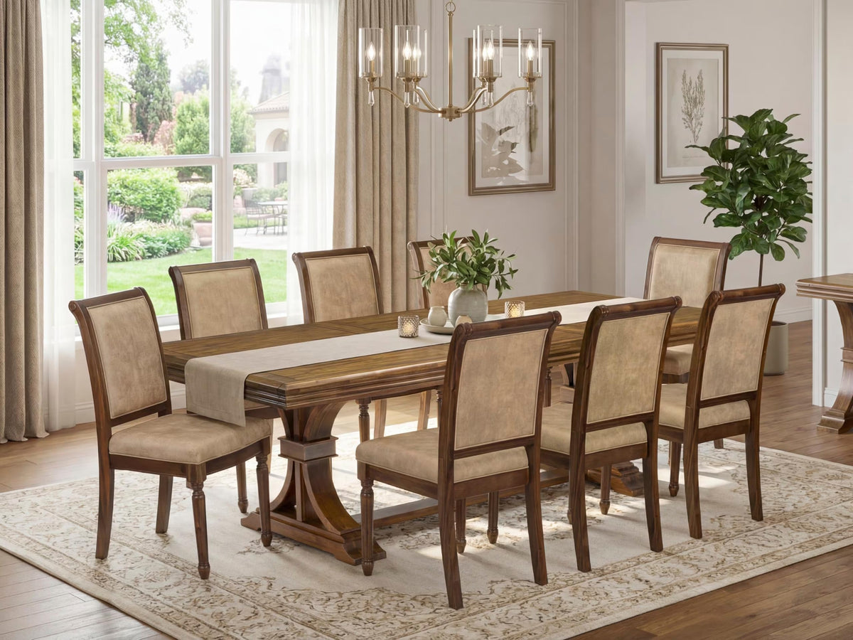 9 Piece Dining Table Set with 8 Beige Polyester Chairs C847951