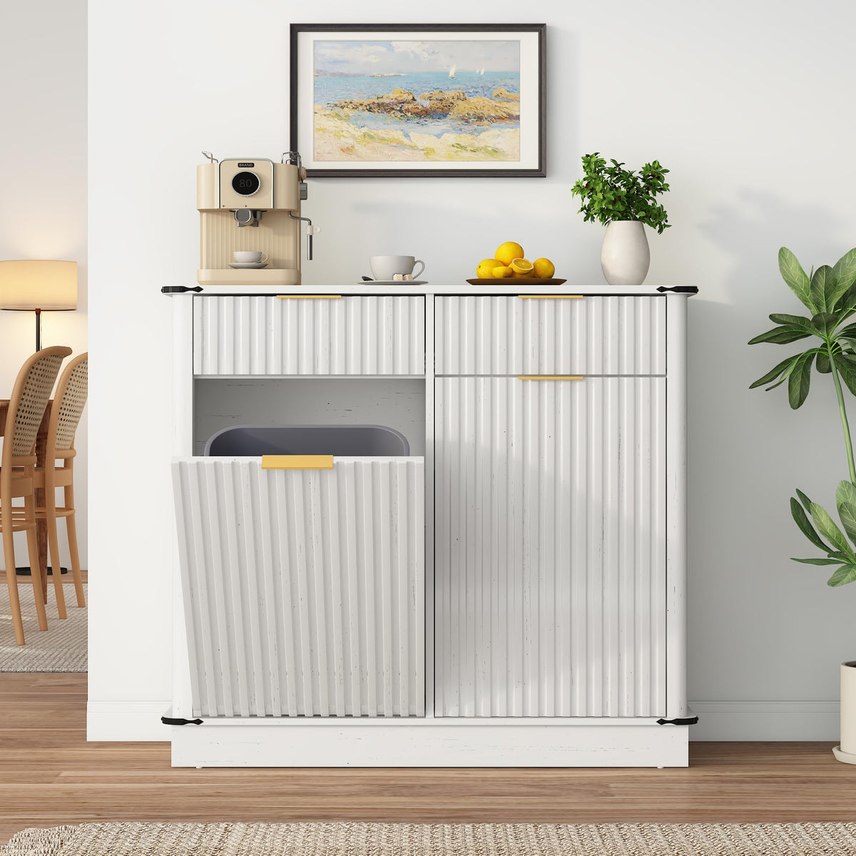 White 20 Gallon Tilt Out Trash Cabinet with Charging Station and 2 Drawers S261