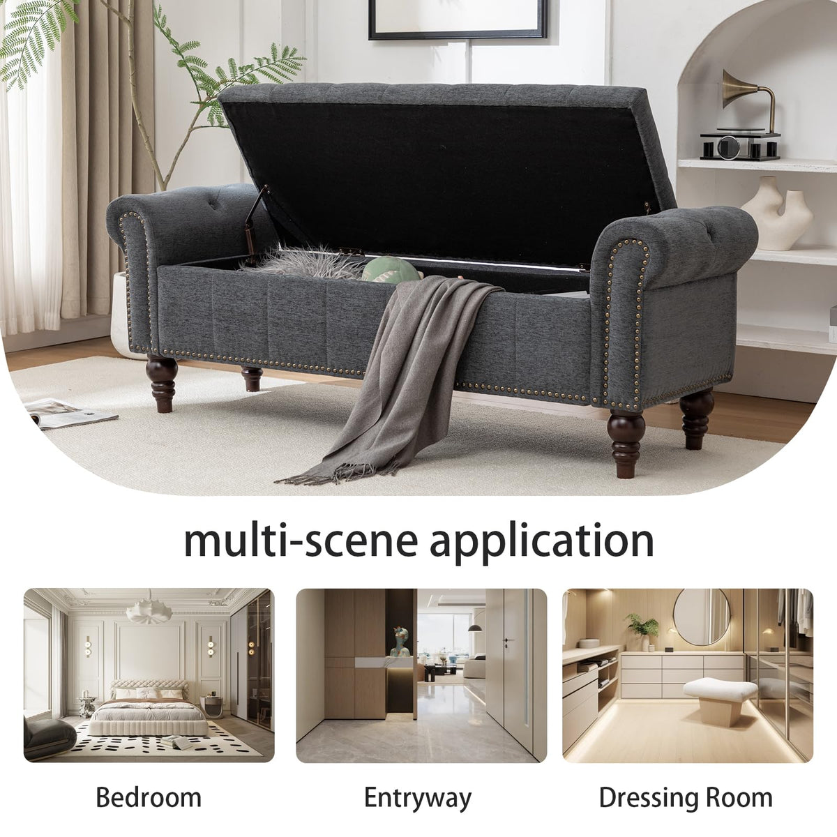 58" Chenille Storage Bench L586953
