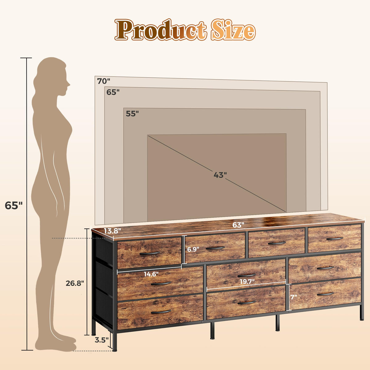 63 Inch Dresser with 10 Fabric Drawers S687