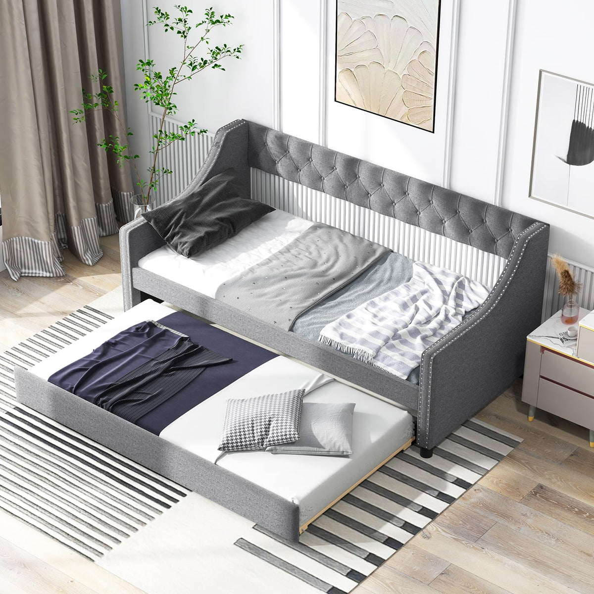 Upholstered Twin Daybed with Trundle Grey X908145