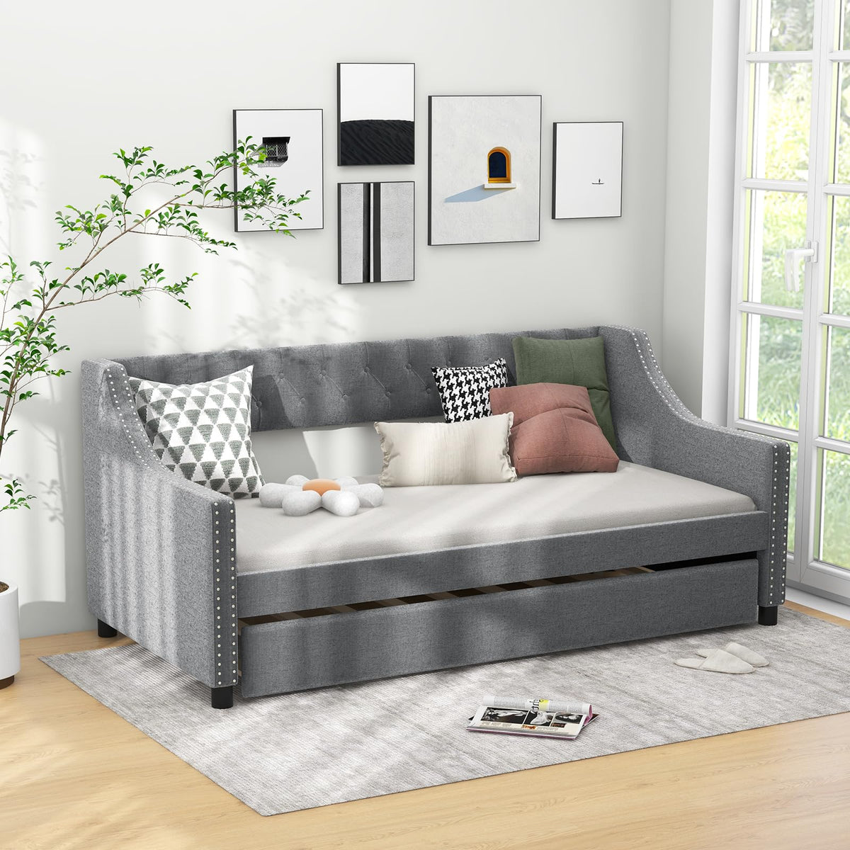Upholstered Twin Daybed with Trundle Grey X908145