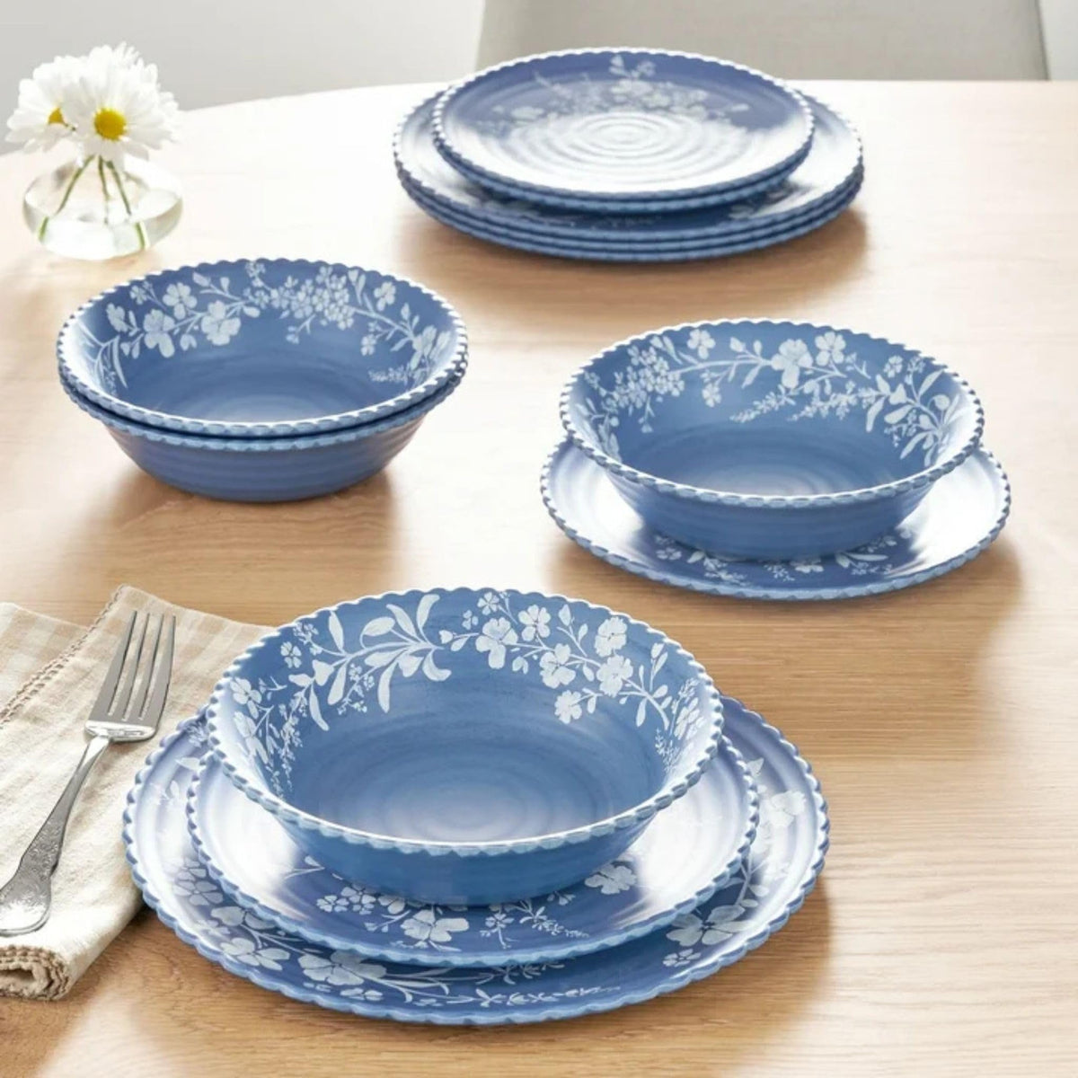12-Piece Bamboo Melamine Dinnerware Set, Service for 4, Blue Q79992