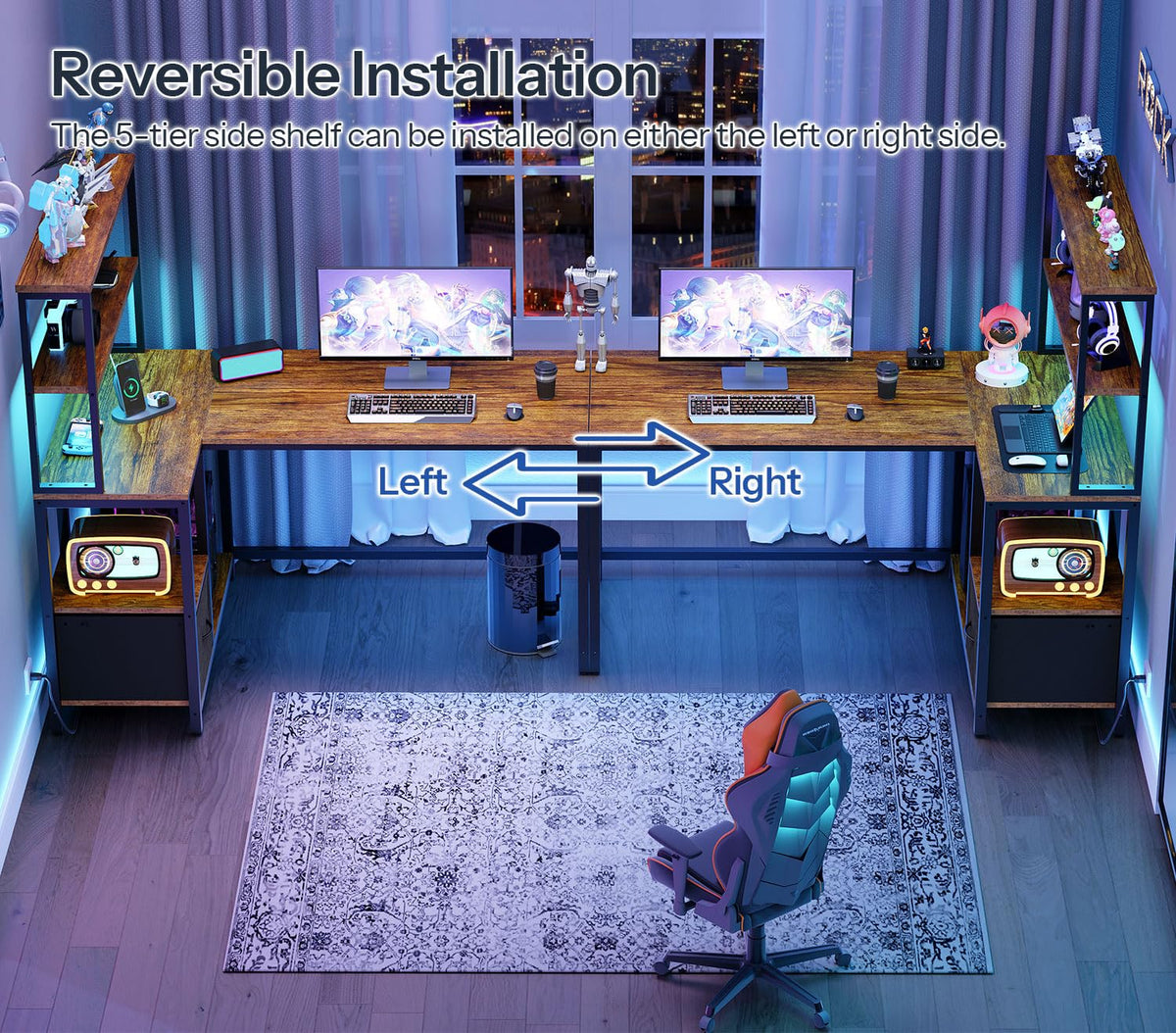 46 Inch Reversible Computer Desk with LED Light & Power Outlet Q4873