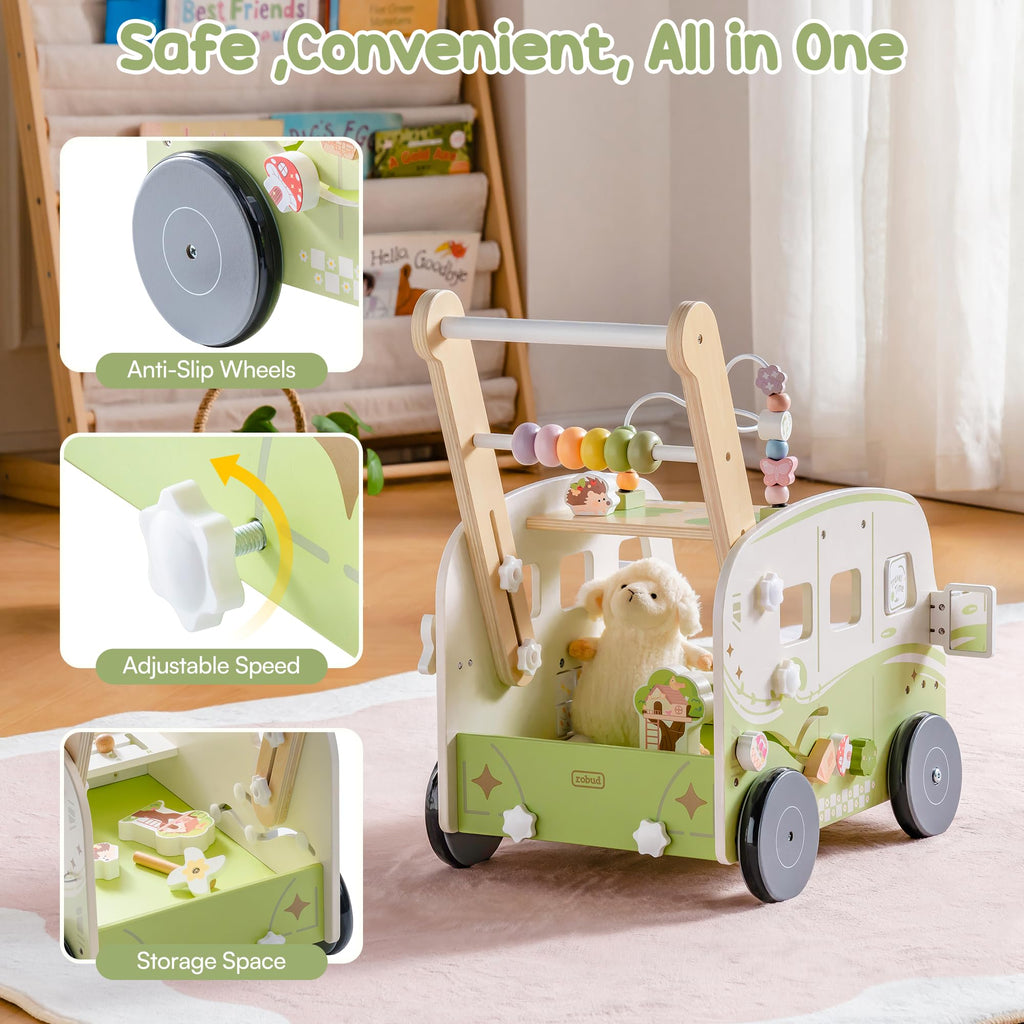 Wooden Adjustable Baby Push Walker with Anti-Slip Wheels S998