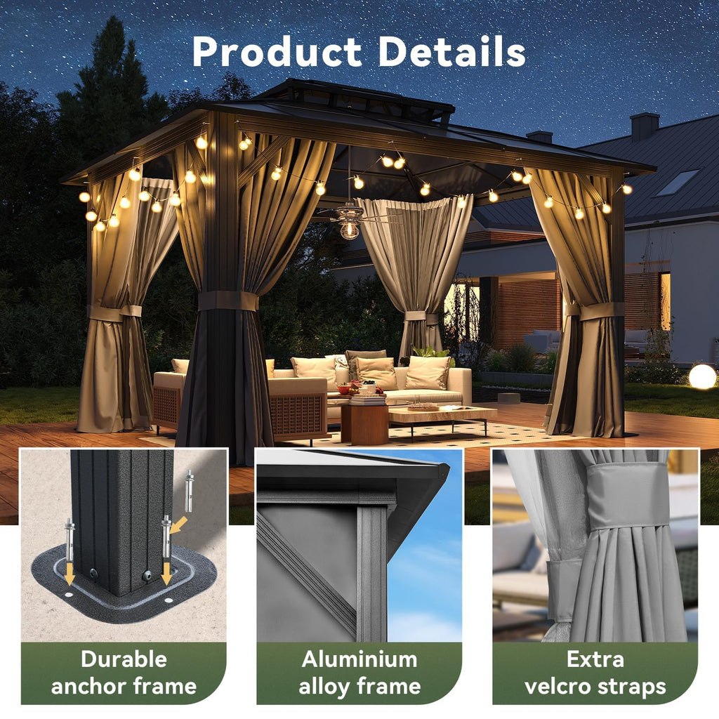 10'x12' Hardtop Aluminum Gazebo with Polycarbonate Roof, Curtains and Netting Z20029