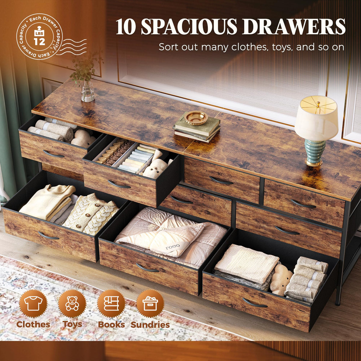63 Inch Dresser with 10 Fabric Drawers S687