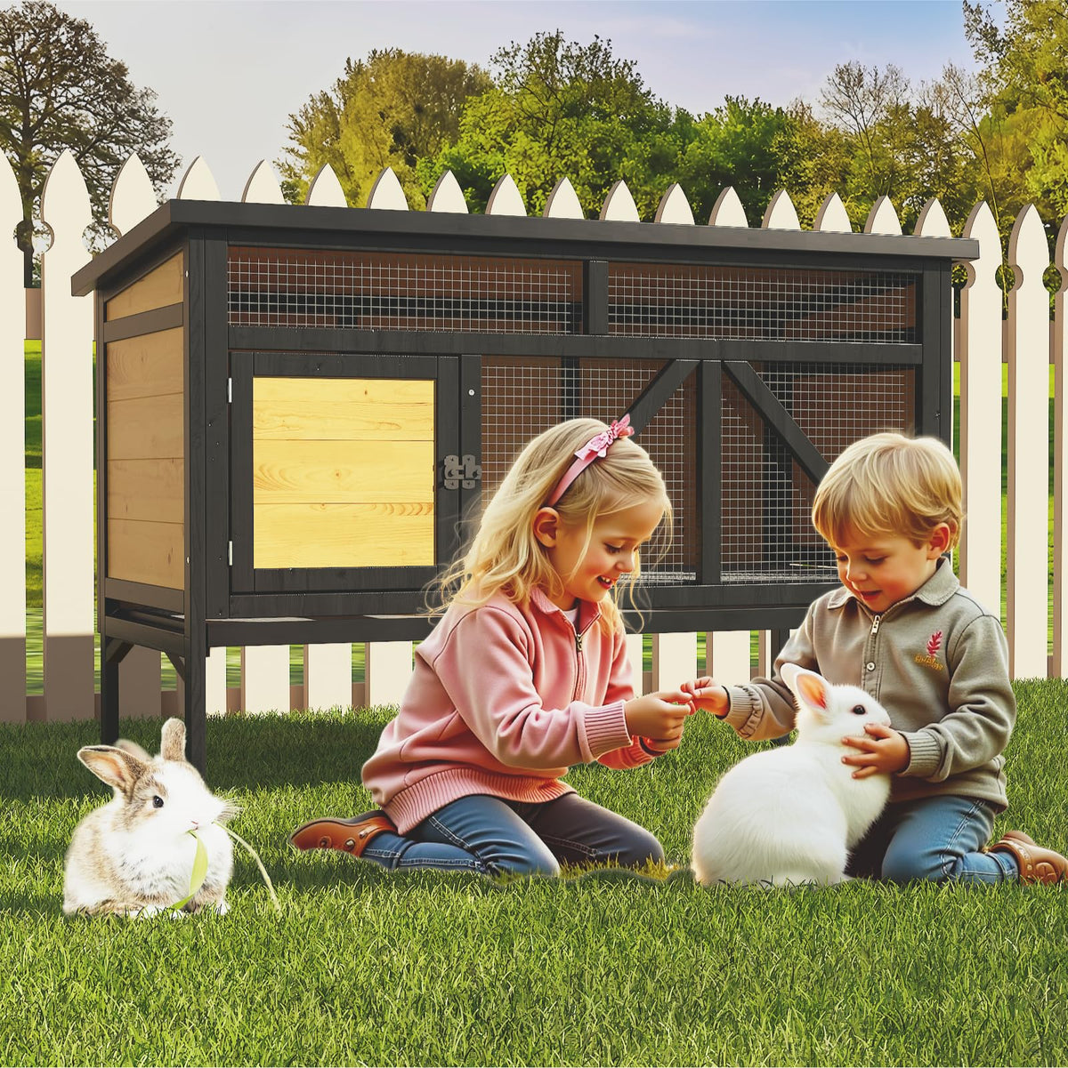 46.7" Wooden Rabbit Hutch with Removable Tray H39190