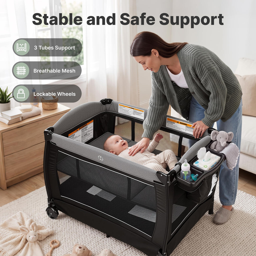 4-in-1 Pack and Play with Bassinet, Playpen, Diaper Changer, Black D4337